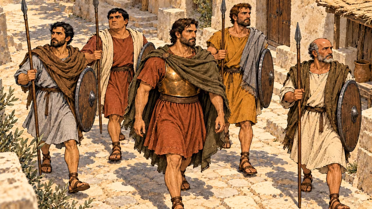 Judas and volunteers walk along a Judean town lane.