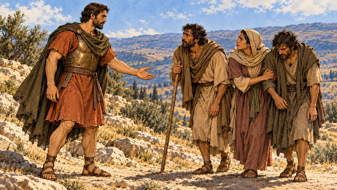 Weary adults approach Judas and the company.
