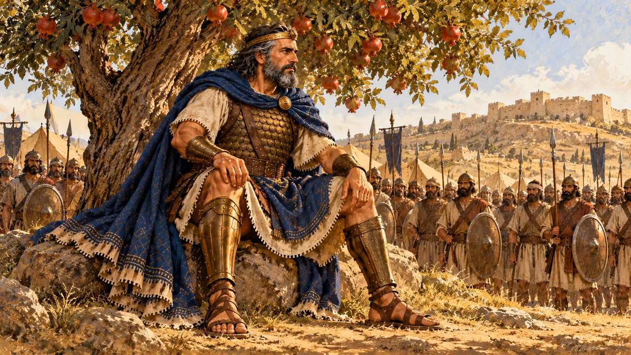 Saul sits beneath a pomegranate tree among the waiting soldiers.