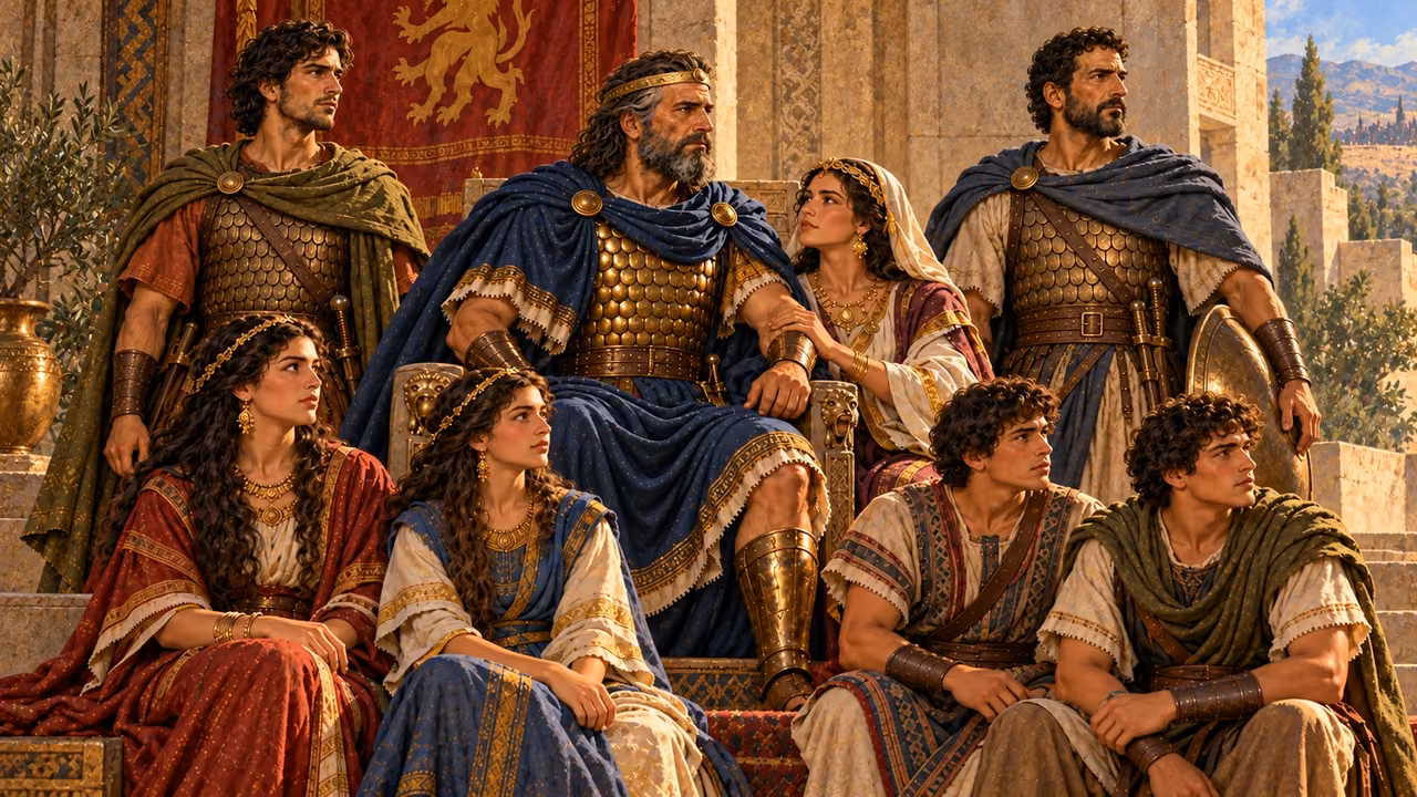 A contextual portrait gathers Saul’s household and commander in one court composition.