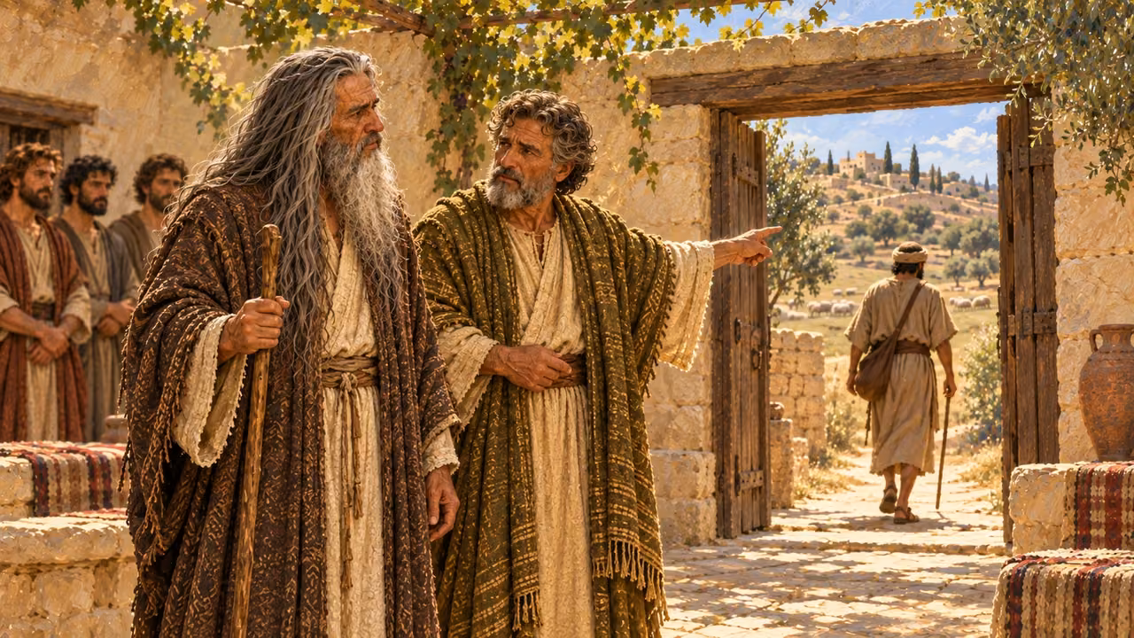 Samuel questions Jesse in the courtyard; Jesse points toward distant grazing hills while a household messenger leaves to fetch David. Brothers wait instead of sitting for the meal.