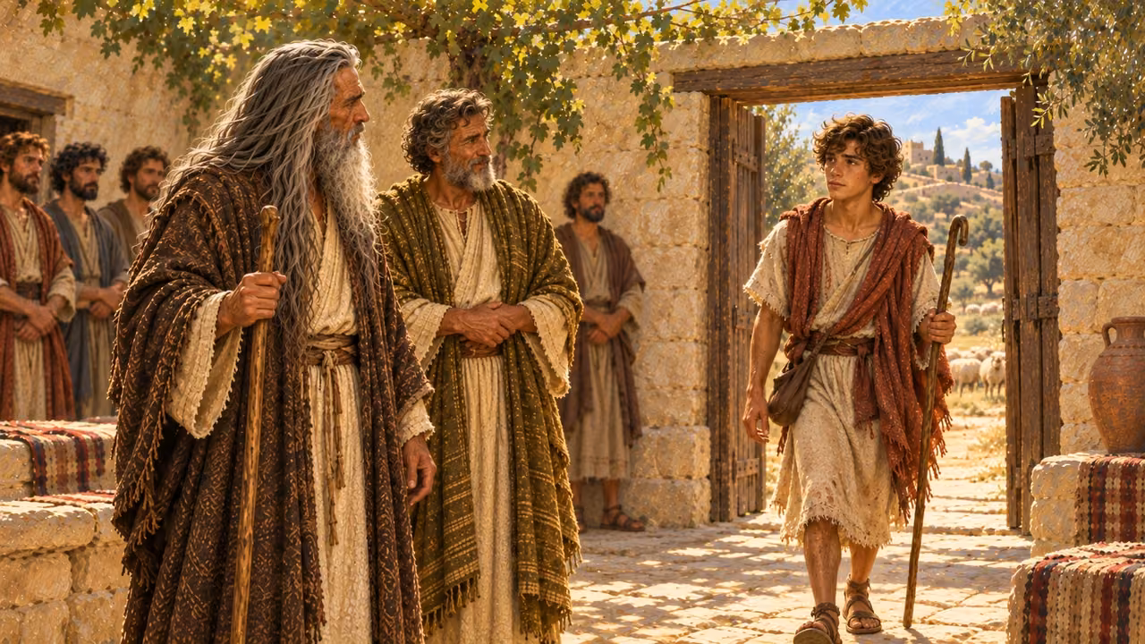 Young shepherd David enters the courtyard dusty from the fields, cream tunic and rust mantle, chestnut curls, freckles, brown eyes. Samuel turns toward him with recognition; Jesse looks on.