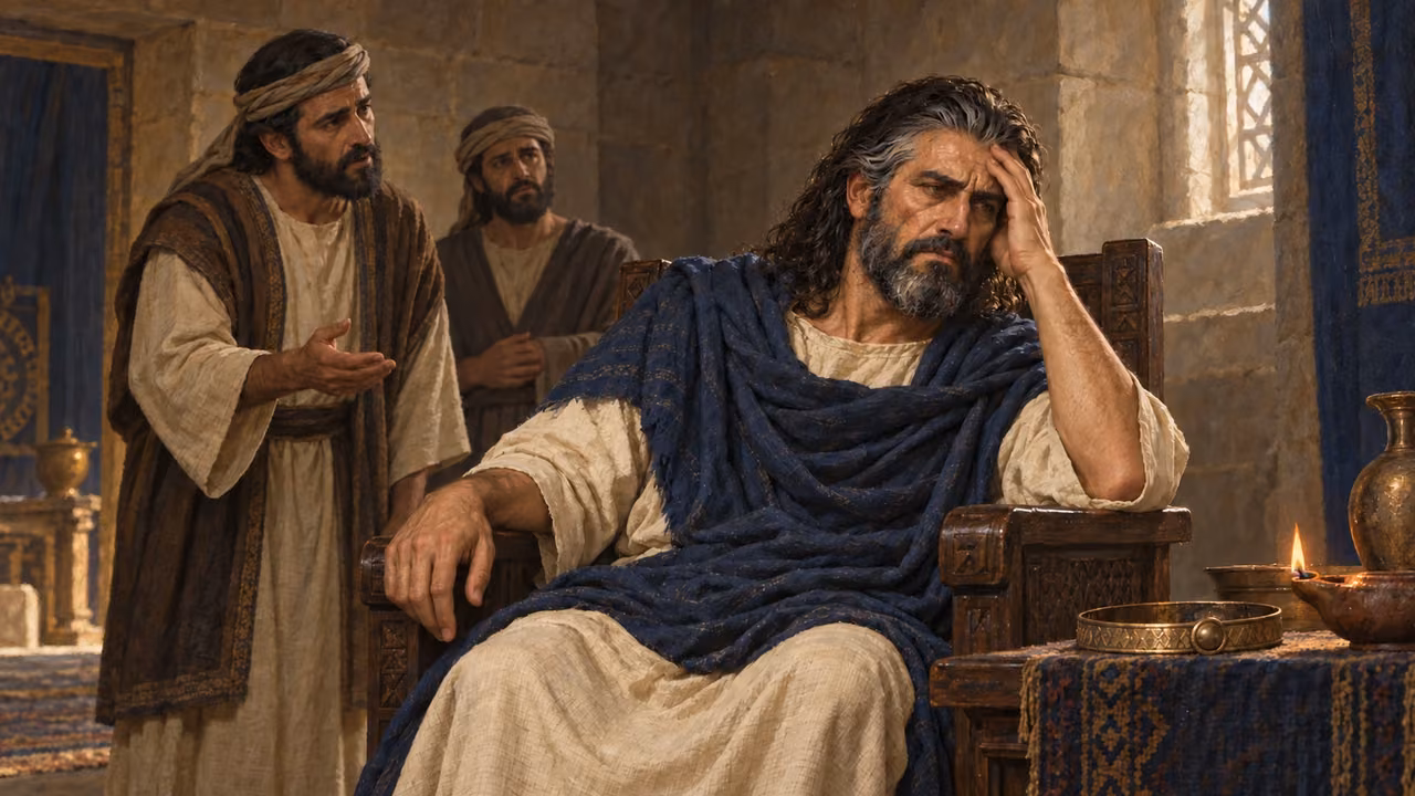 Saul sits distressed in a dim stone chamber, one hand near his brow. Concerned servants quietly propose finding a lyre player. Troubled-era Saul, graying temples and full rounded beard, blue mantle over linen. No literal demon.
