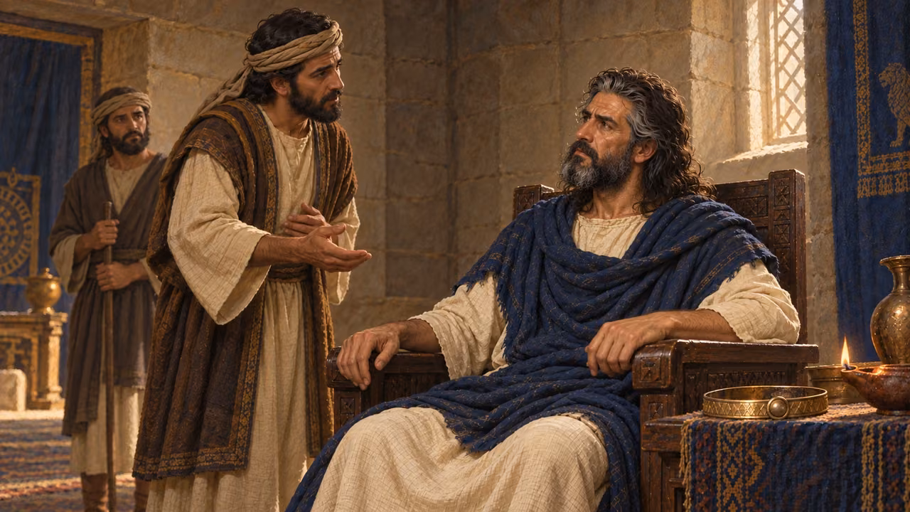 Saul listens from his seat as one young attendant respectfully recommends David. A second servant waits to carry the summons. Same chamber; Saul weary but attentive. David not present.
