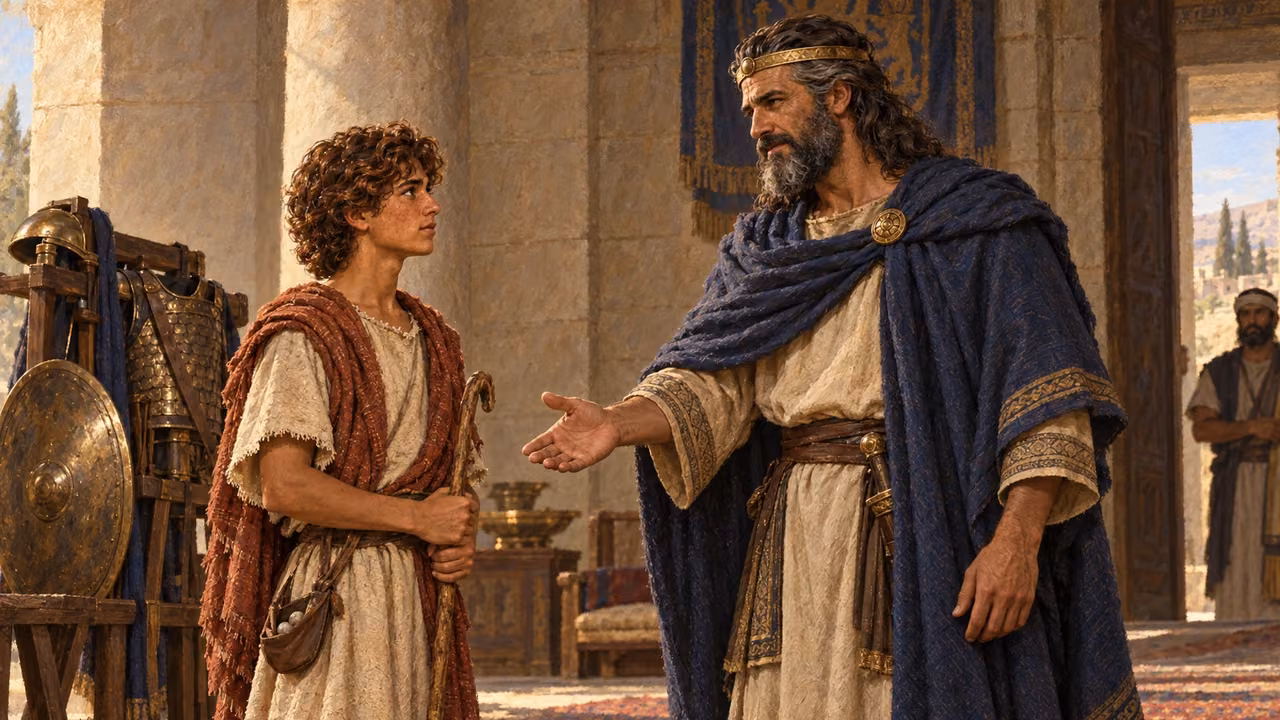 David stands respectfully before Saul in a simple royal hall. Saul receives him warmly; a shield and bronze armor on a wooden stand suggest his service as armor-bearer. No crown on David.
