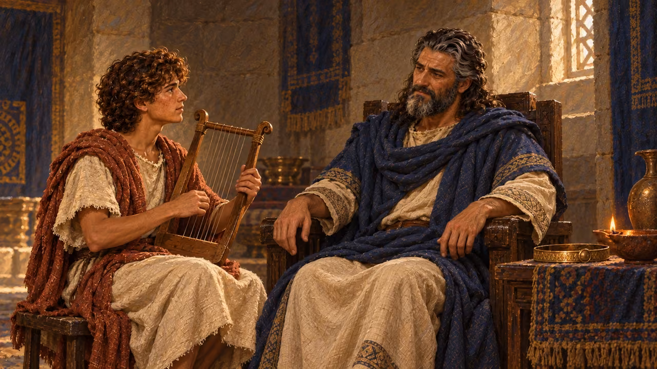 David sits playing a small ancient wooden lyre in Sauls chamber. Saul sits nearby with relaxed hands and softened face as distress eases. Warm lamplight, intimate humane scene, no supernatural entity.