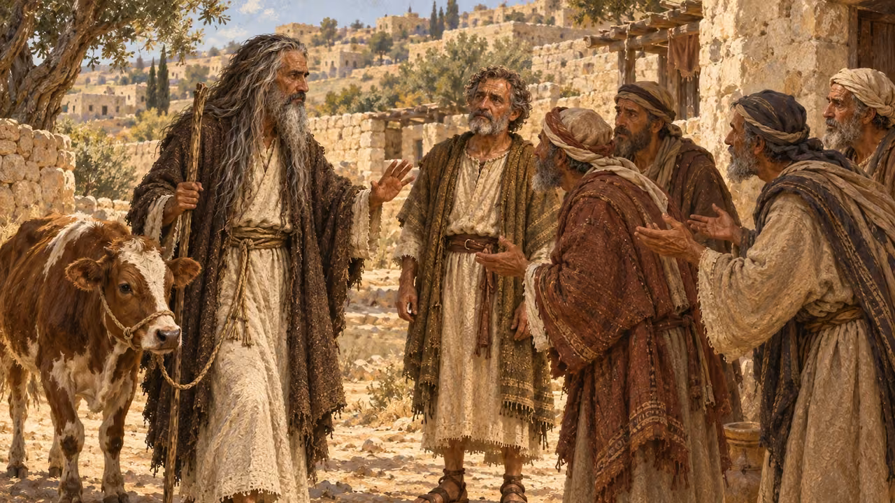 Samuel arrives leading a heifer at Bethlehem. Anxious elders approach him; he reassures them with an open hand. Jesse in muted olive-brown mantle stands among them. Ancient village limestone walls and terraces.