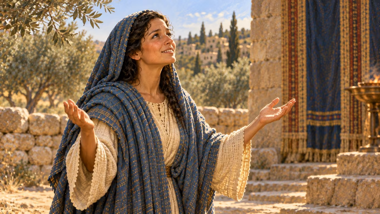 Hannah lifts her open hands in prayer beside the sanctuary.