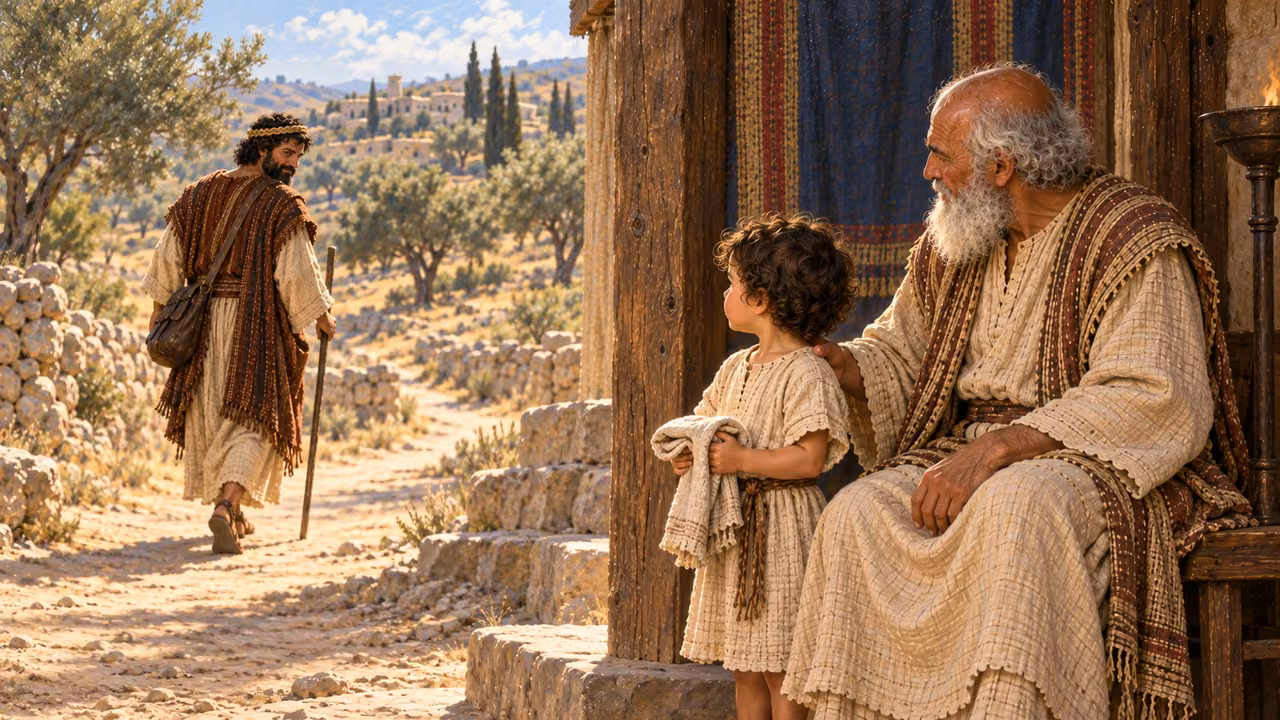 Samuel remains beside Eli as Elkanah walks away from the sanctuary.