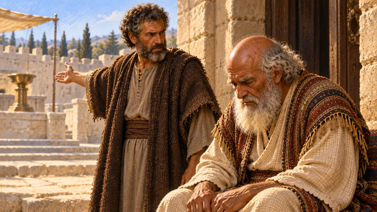 The man of God gestures toward the offerings while Eli lowers his gaze.