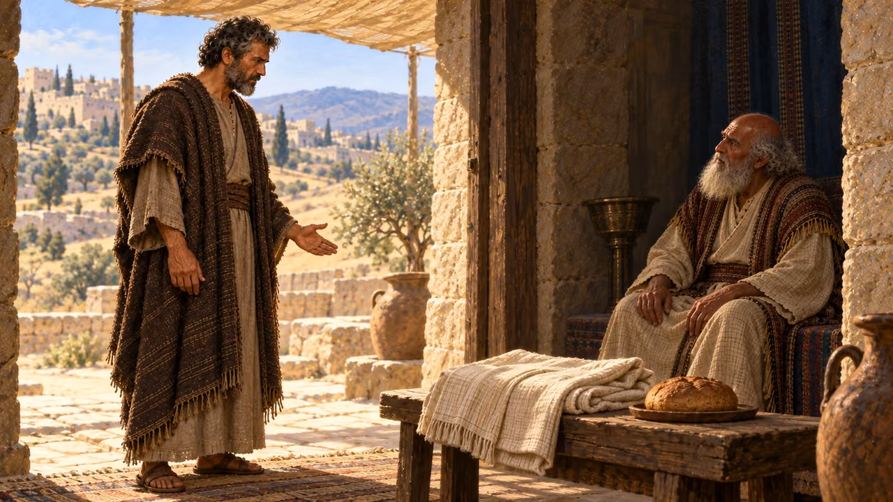 The man of God continues speaking to Eli beside a table with bread.