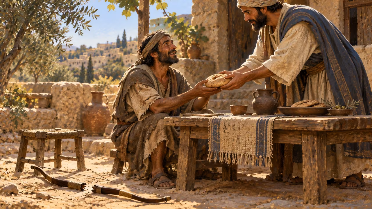 Poetic image: a man offers bread to a hungry man beside a broken bow.