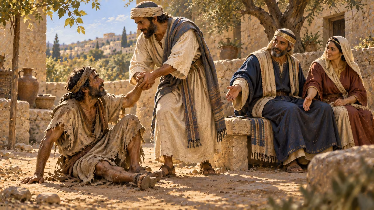 Poetic image: a poor man is helped up near people seated in honor.