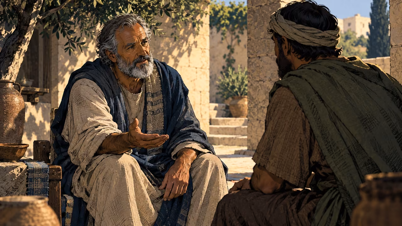 Intimate anonymous older adult seated at equal eye level with another, one relaxed open palm, ordinary shaded courtyard.