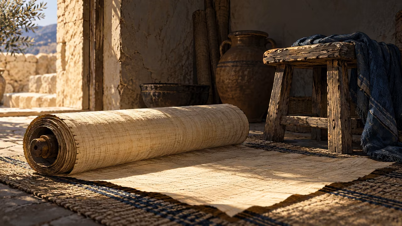 Low still life of a large blank papyrus roll beside a small worn wooden stool in shadow.