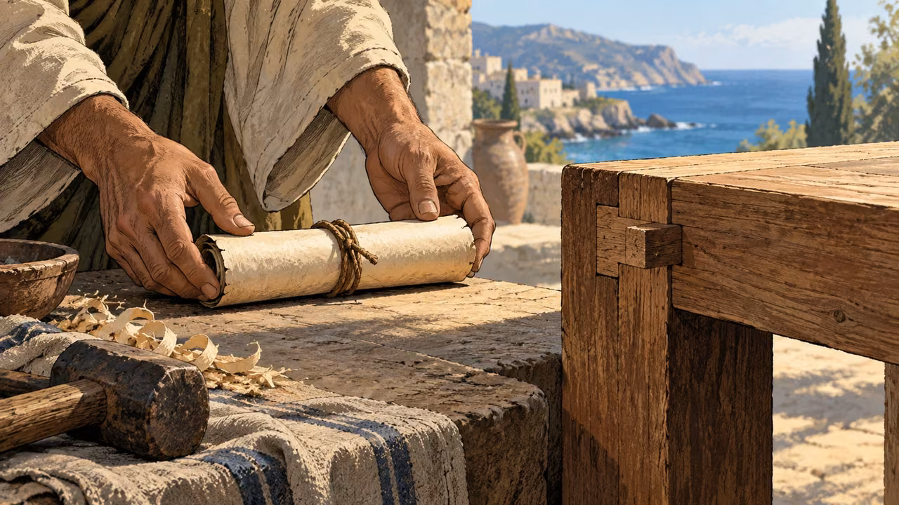 Close anonymous adult hands setting a tied blank roll beside a completed repaired wooden joint.