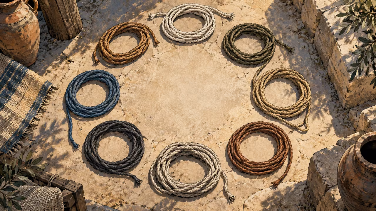 Overhead circular arrangement of plain measuring cords around an empty center, no labels or people.