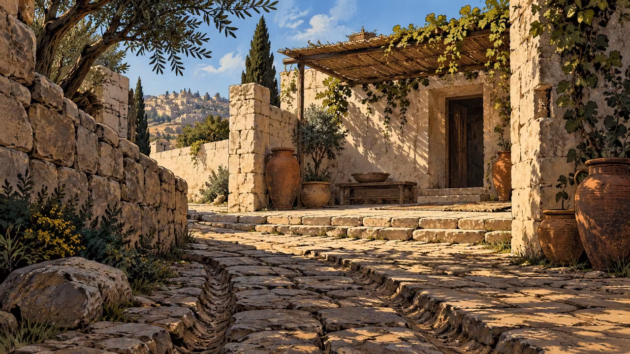 Low oblique view of a worn ancient road entering a modest open courtyard, no travelers or words.