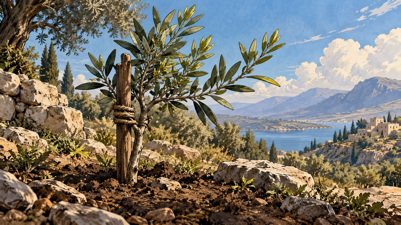 Intimate rooted olive sapling with fresh branches extending beyond a small supporting stake, no people.