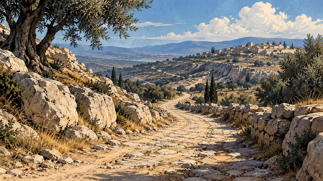 Panoramic empty ancient road continuing beyond a ridge toward a distant ordinary settlement, no lettering.