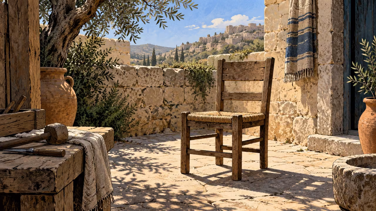 Object-only plain empty chair in a modest courtyard beneath ordinary daylight, simple tools set aside.