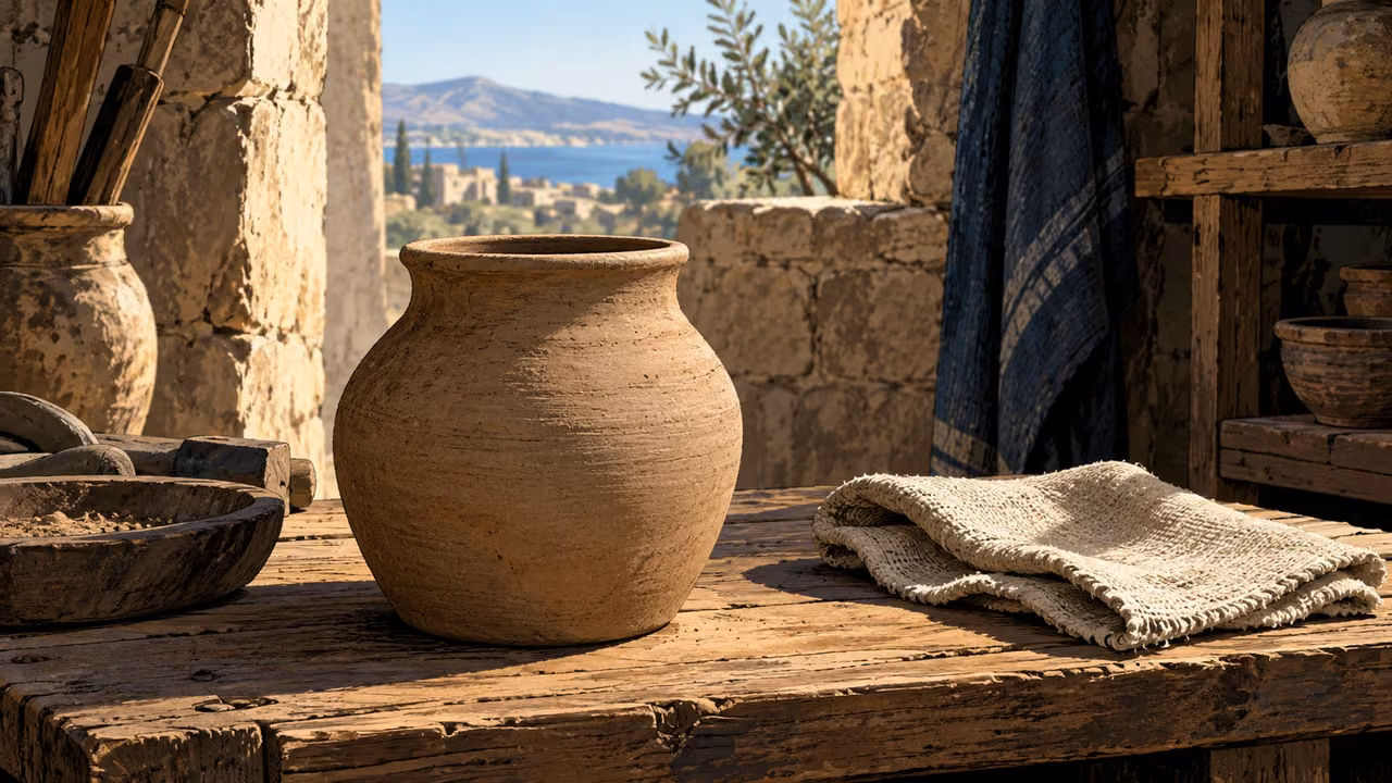 Close plain unfired clay vessel resting on a humble workbench beside unused polishing cloth, no seals or lettering.