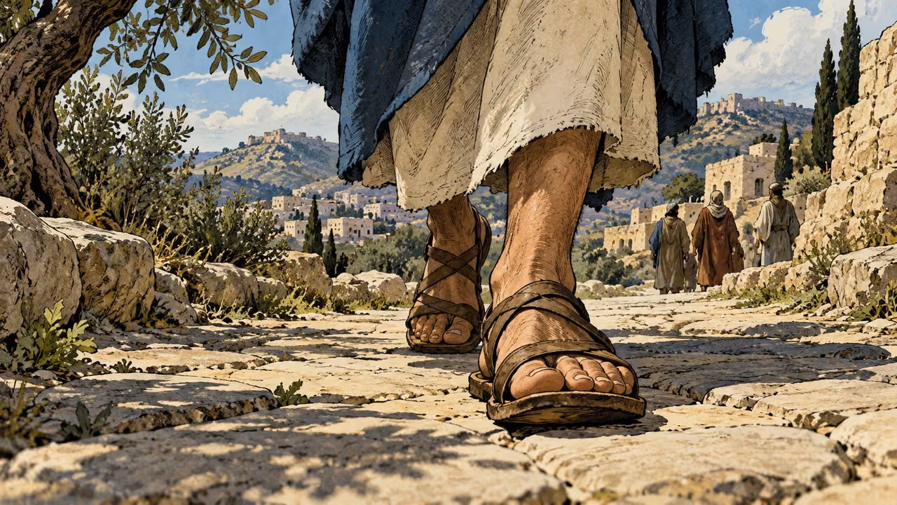 Low close view of ordinary sandaled feet on a peaceful stone path, no armor or weapons.