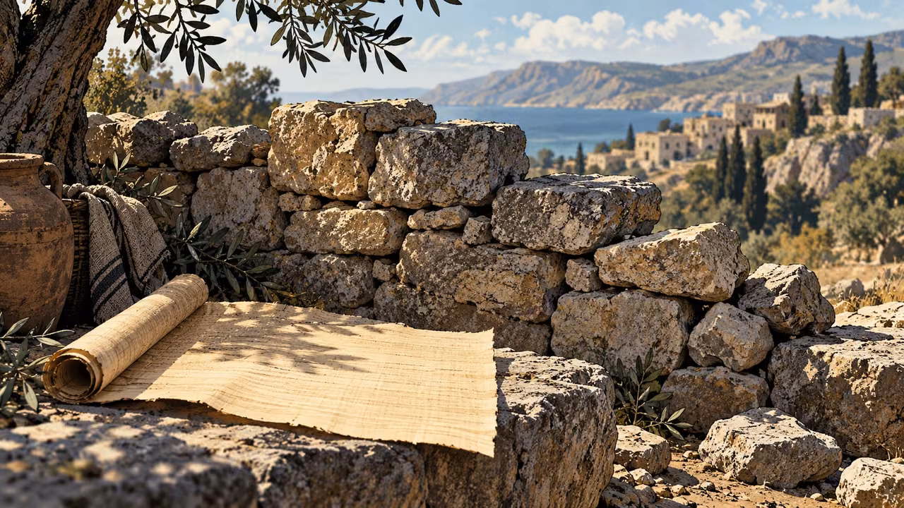 A low dry-stone wall beside blank papyrus suggests arguments as strongholds.