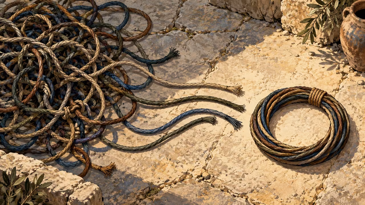 Overhead tangled loose cords arranged toward a single orderly loop on plain stone, no people or lettering.