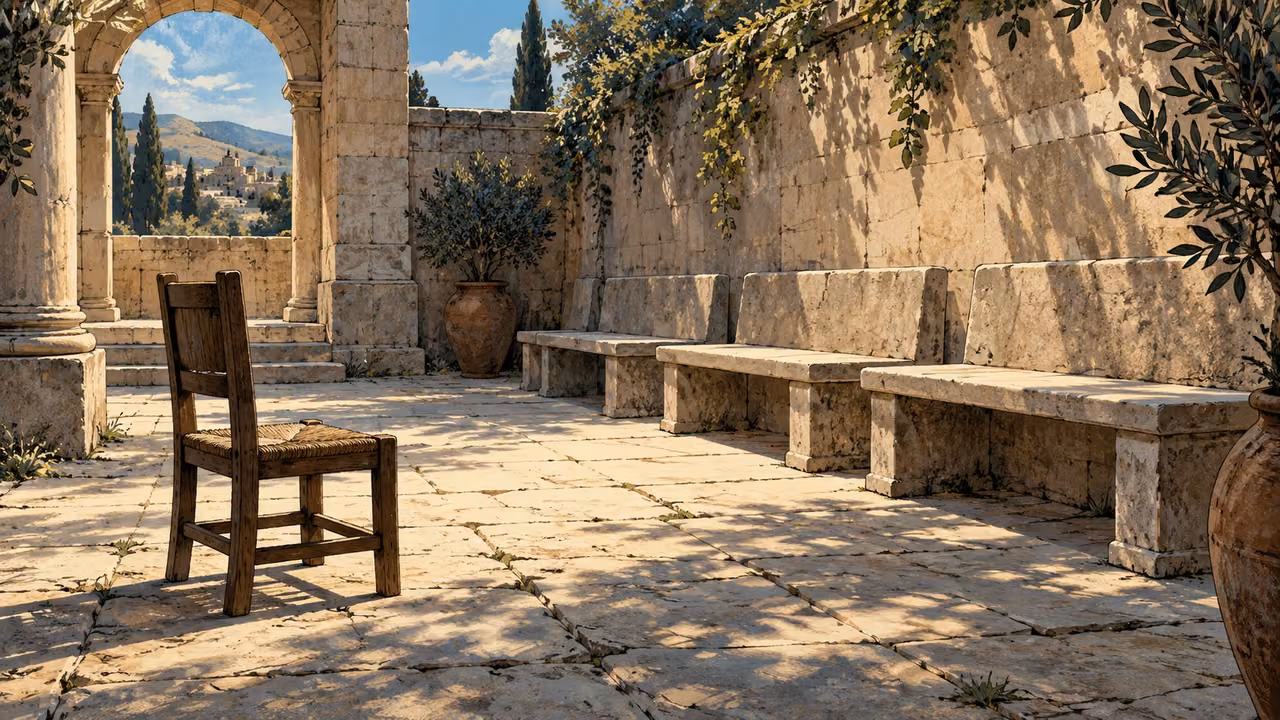 Medium empty courtyard with one plain chair facing a row of empty benches, natural light, no guards or punishment.