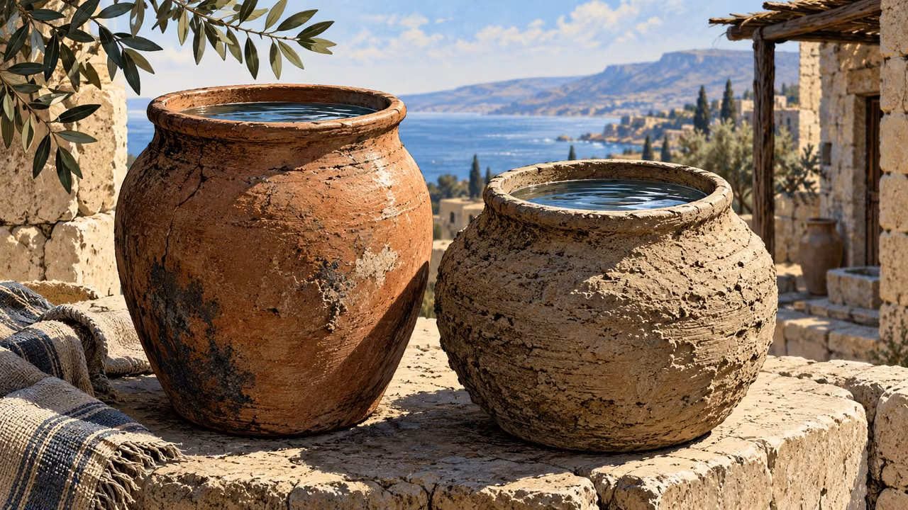 Close two plain clay vessels with differing rough surfaces, each containing clear water, no writing or figures.