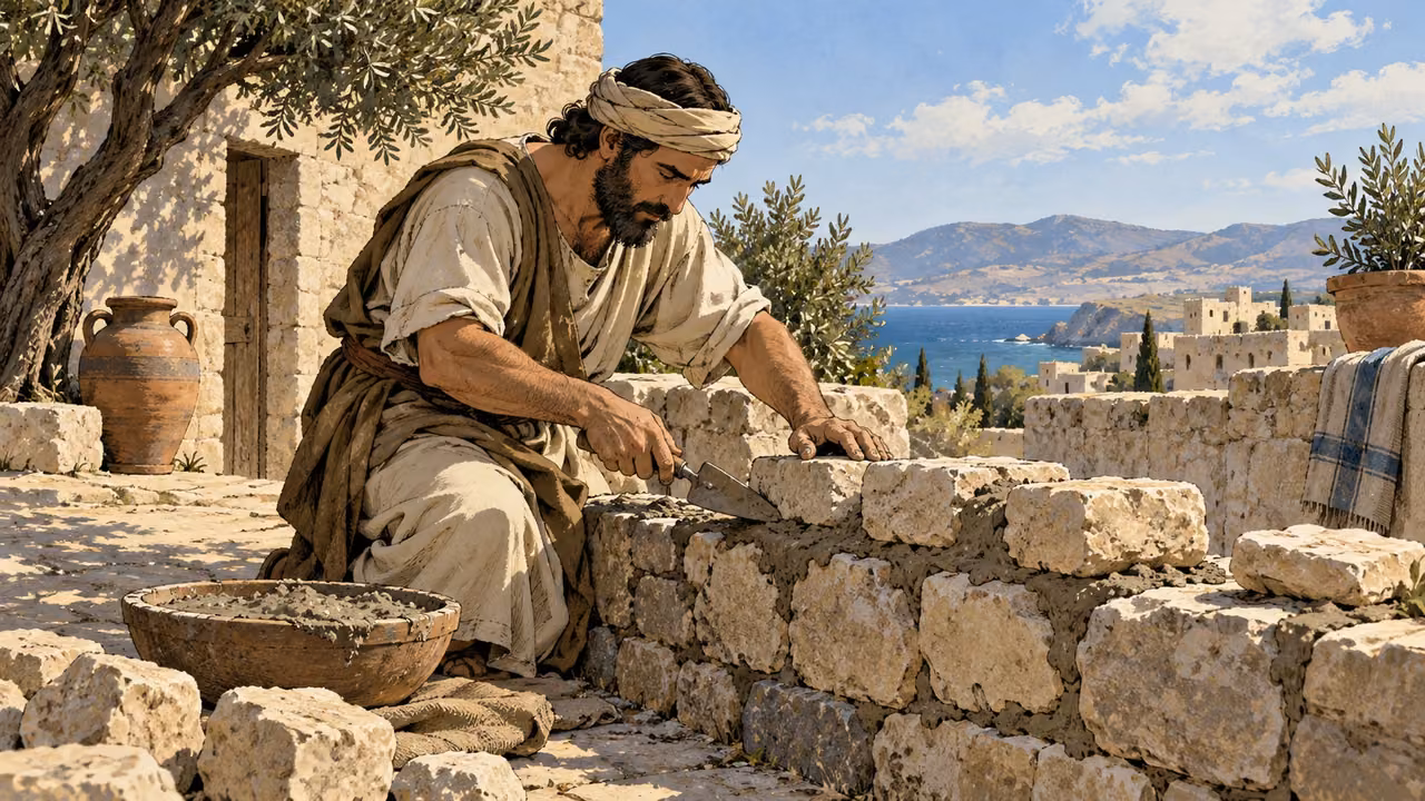 Wide anonymous adult repairing a low courtyard wall with ordinary stones and mortar, peaceful constructive work.