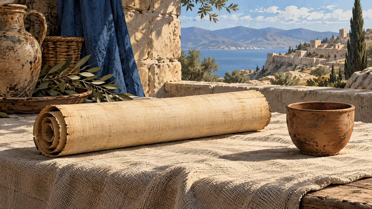 Overhead blank rolled papyrus resting gently on plain linen beside an empty clay cup, soft daylight.
