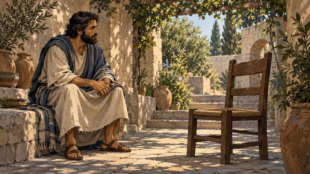 Medium anonymous adult listening patiently beside an empty wooden chair in a shaded courtyard, natural resting hands.