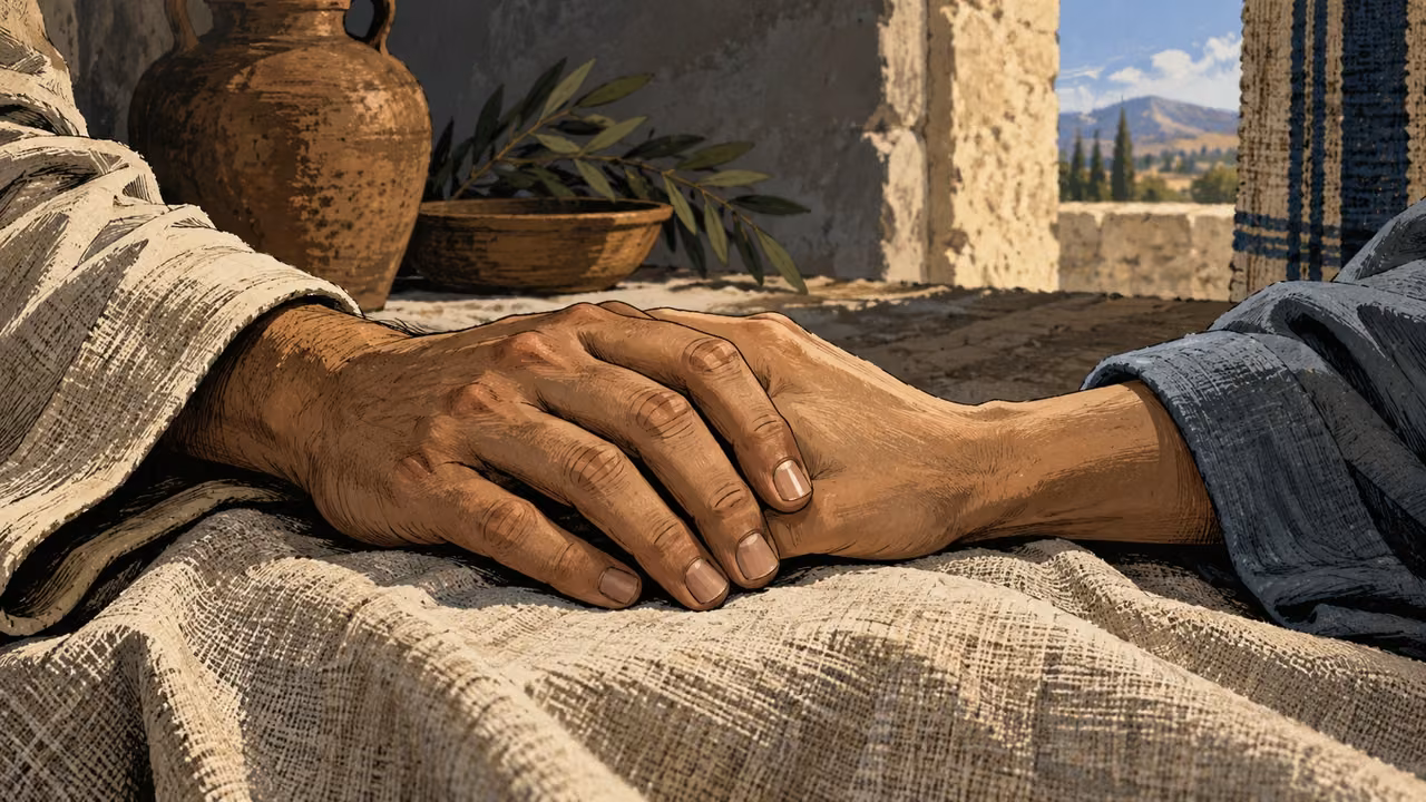 Close two anonymous adult hands resting gently together on plain linen, no jewelry or writing.