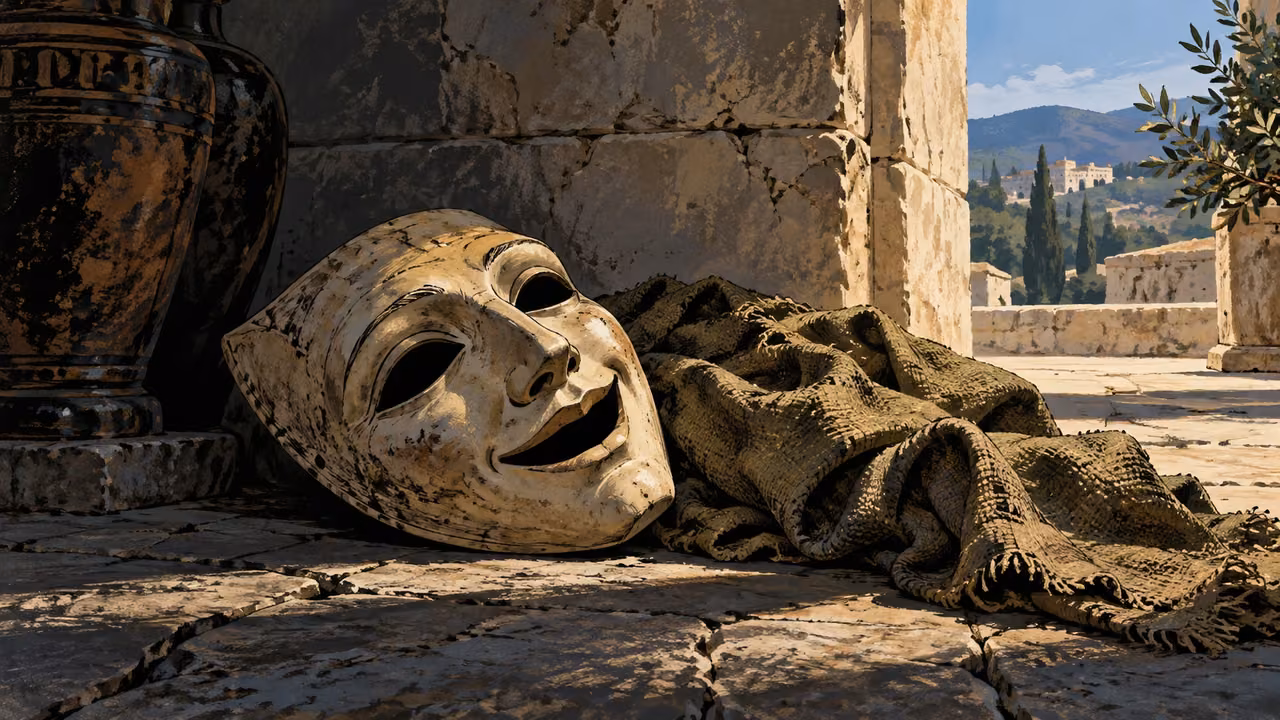 Overhead plain theater mask lying unused beside a rough work cloth, no human figure or words.