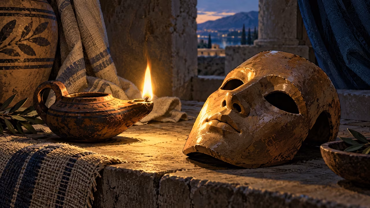 Close ordinary oil lamp illuminating the polished outer surface of a hollow clay mask, no beings or wings.