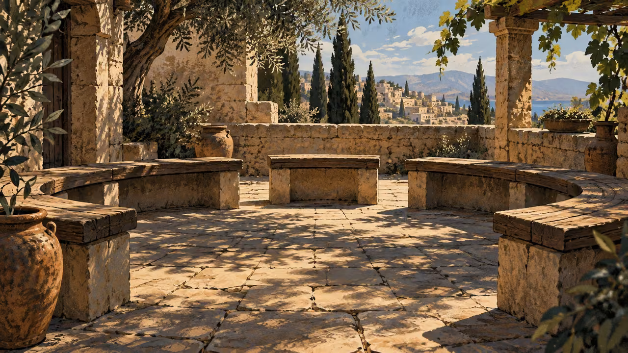 An empty separate plain seat sits within a semicircle of modest courtyard benches.