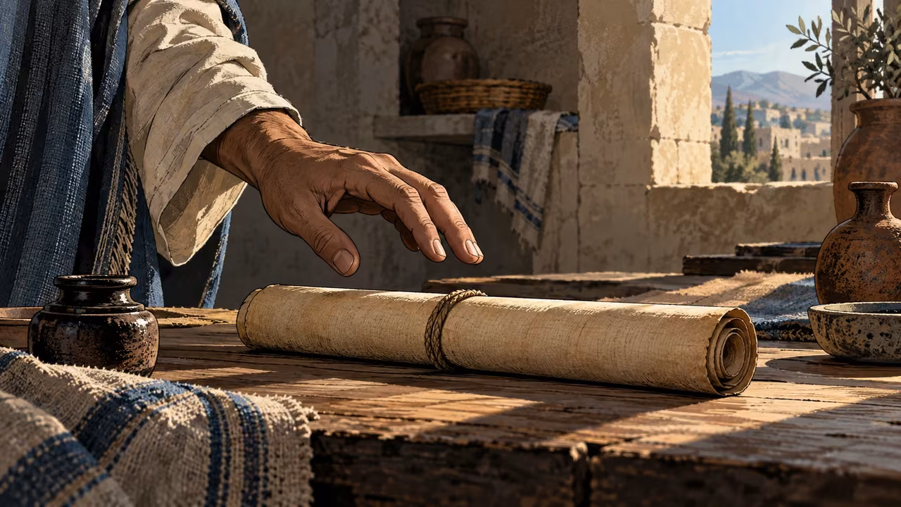 Close anonymous adult's hand paused above an unopened blank papyrus roll, modest room, no lettering.