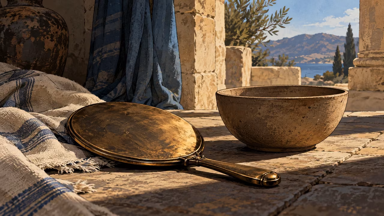 An unused bronze mirror and a plain unadorned bowl rest on linen.
