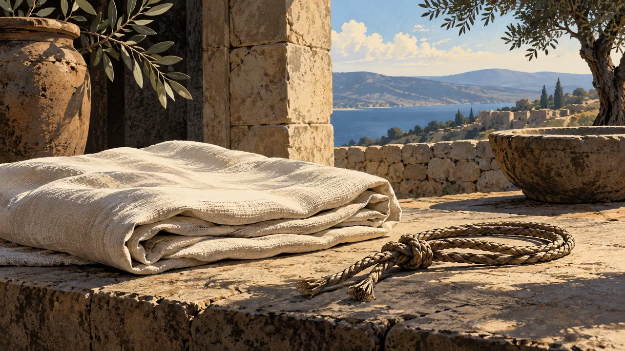 Close plain undyed bridal linen folded beside a simple tied cord on stone, no person or jewelry.