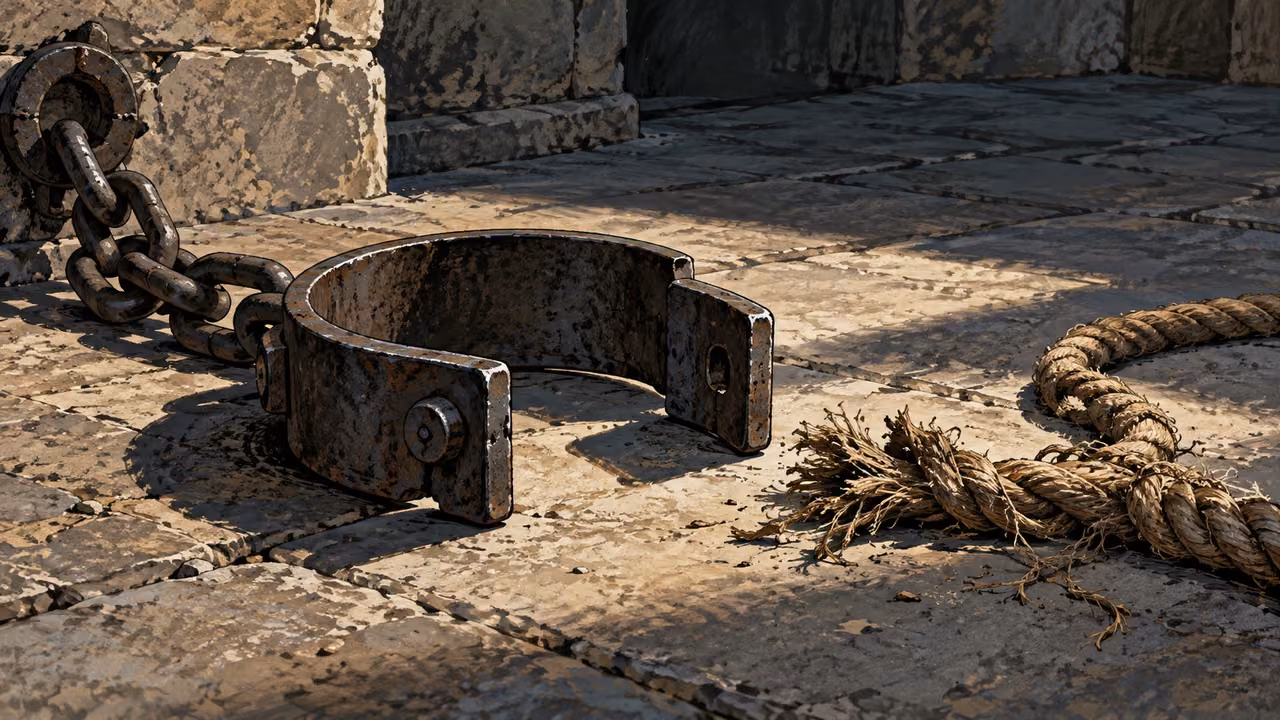 Object-only close view of an open iron shackle and broken cord on an empty stone floor, no body or blood.