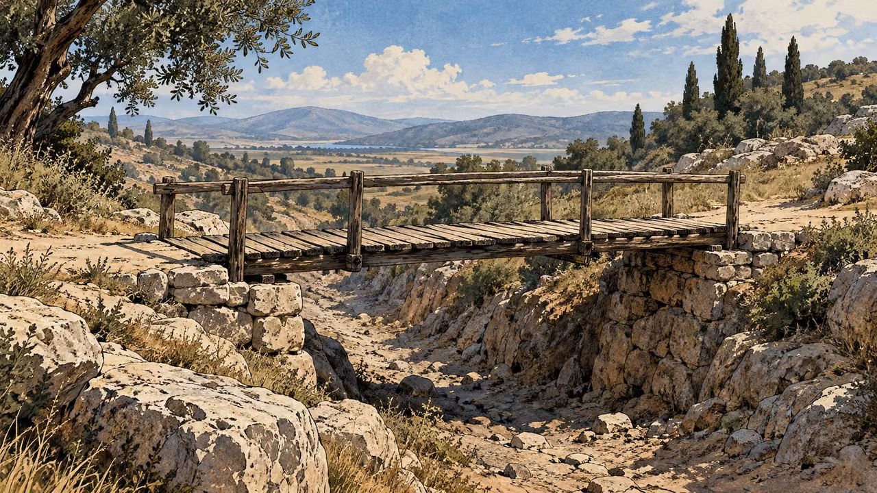 Wide empty narrow wooden footbridge across a shallow dry gully, plain countryside, no figures.