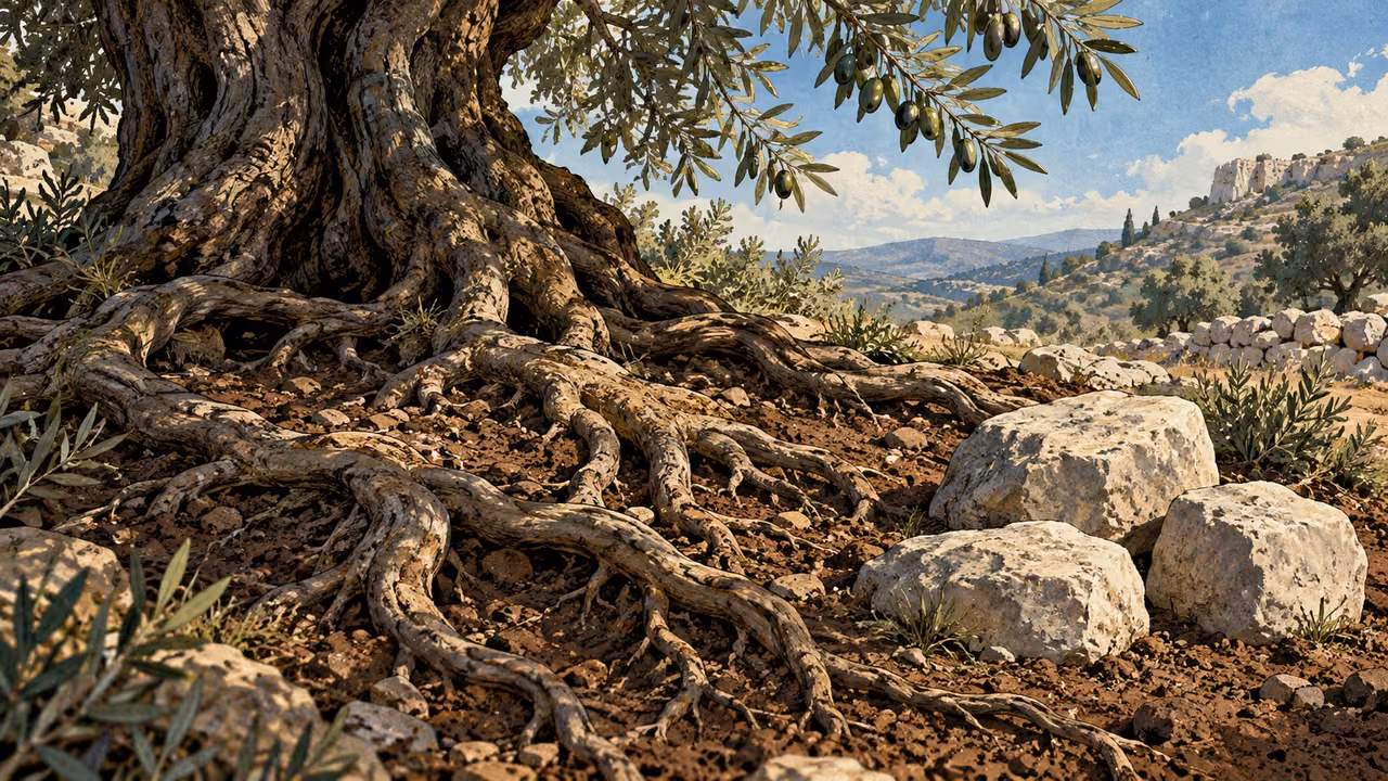 Overhead old olive roots branching through ordinary soil beside three plain stones, no inscriptions or people.