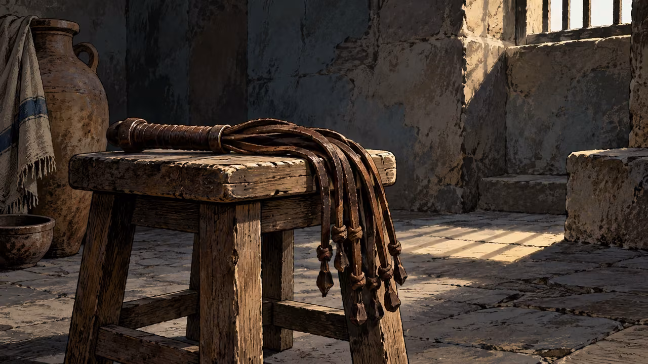 Close old plain leather scourge laid unused on a bare wooden stool in a dim room, no victim or blood.