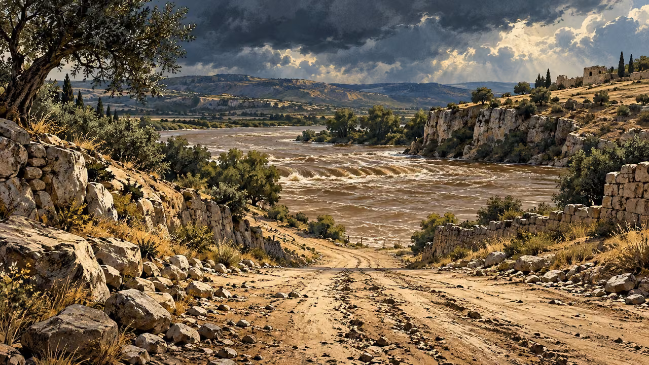 Wide empty ancient road descending toward a swollen river crossing beneath an unsettled sky, no travelers.