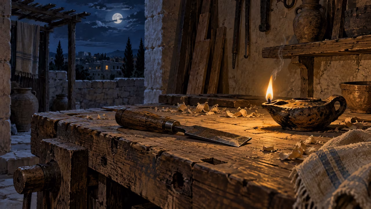 Close empty workbench with a worn tool and guttering ancient oil lamp at night, no people.