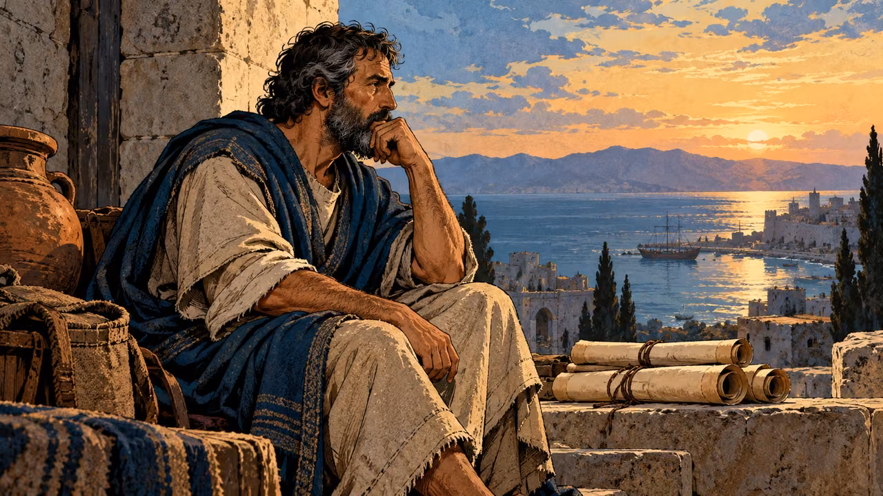 An anonymous mature adult sits thoughtfully with one hand at his chin beside several blank cord-tied rolls.