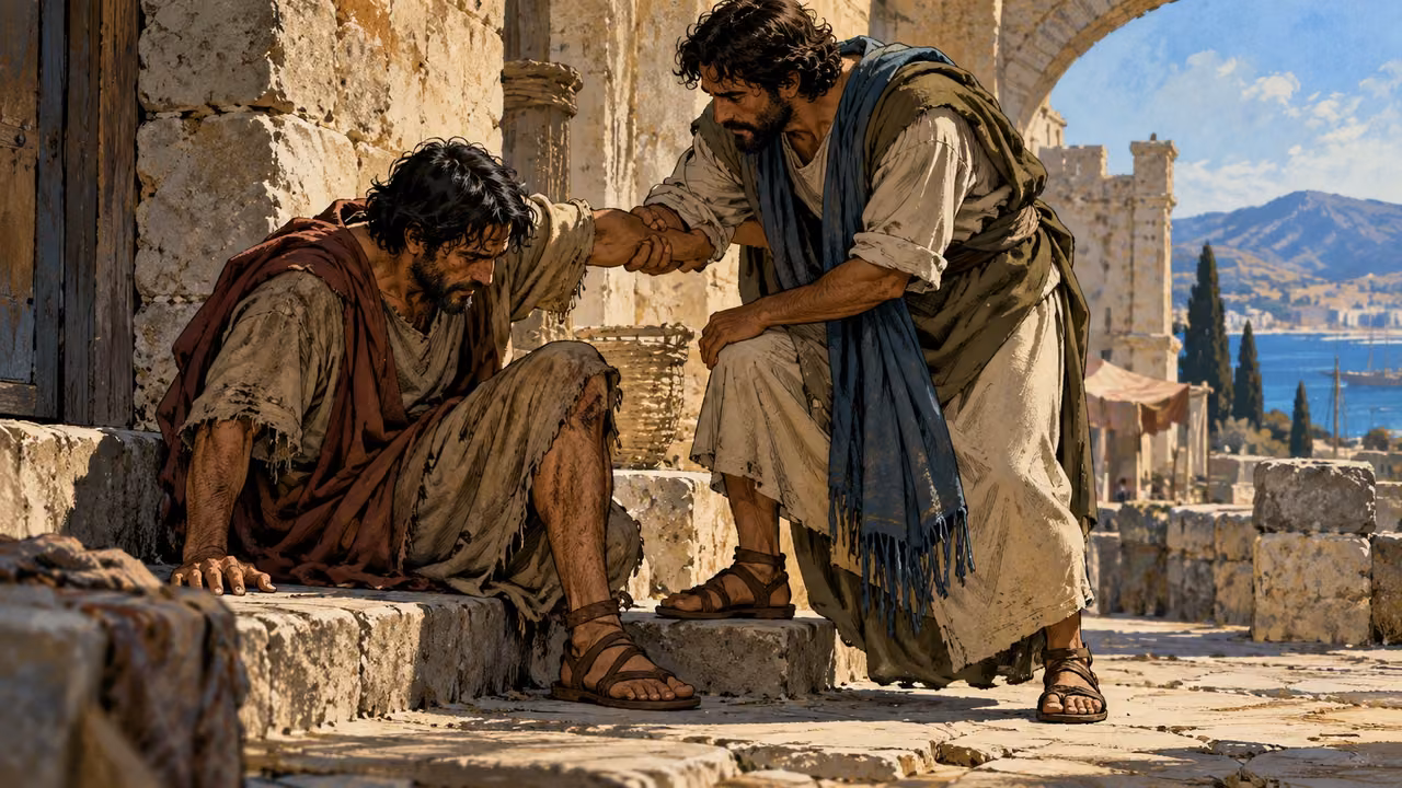 Medium anonymous adult offering a steadying forearm to another beside a low step, restrained expression.
