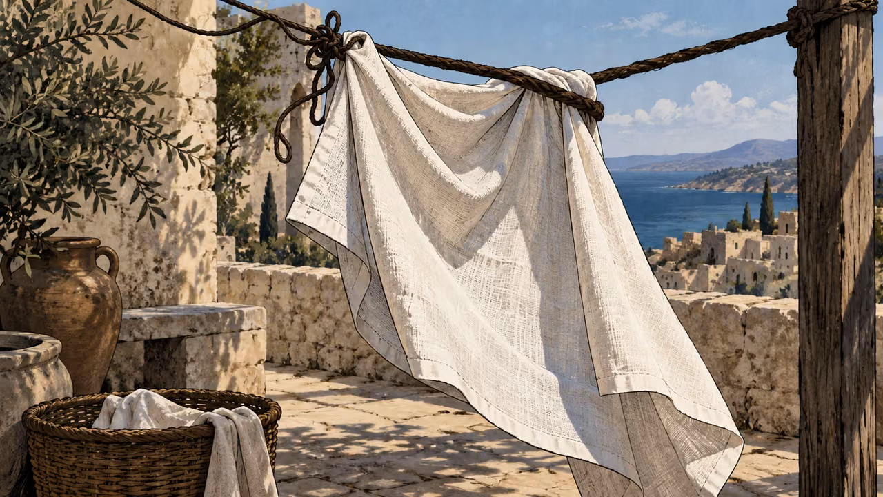 Clean hanging linen is caught at one corner by a small tangle of dark cord.